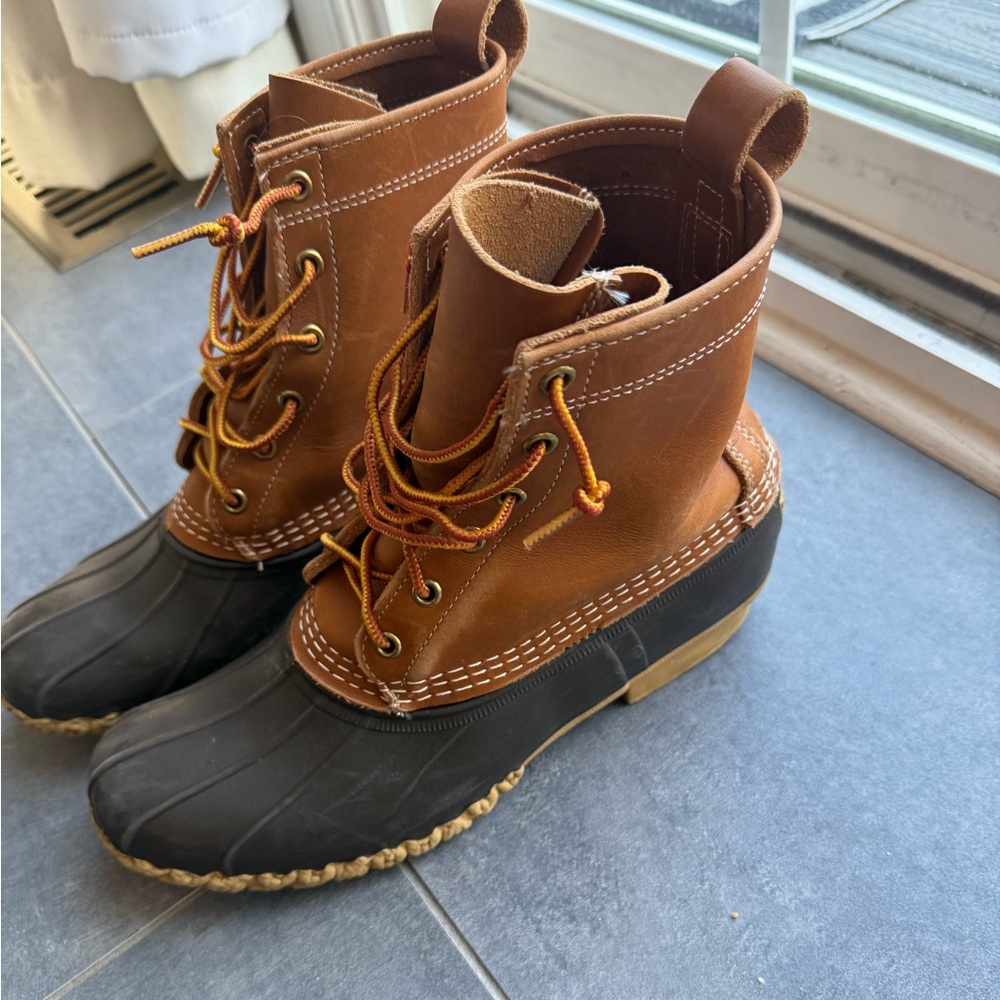 LL Bean women’s duck boots, size 9. Brown. Not lined.